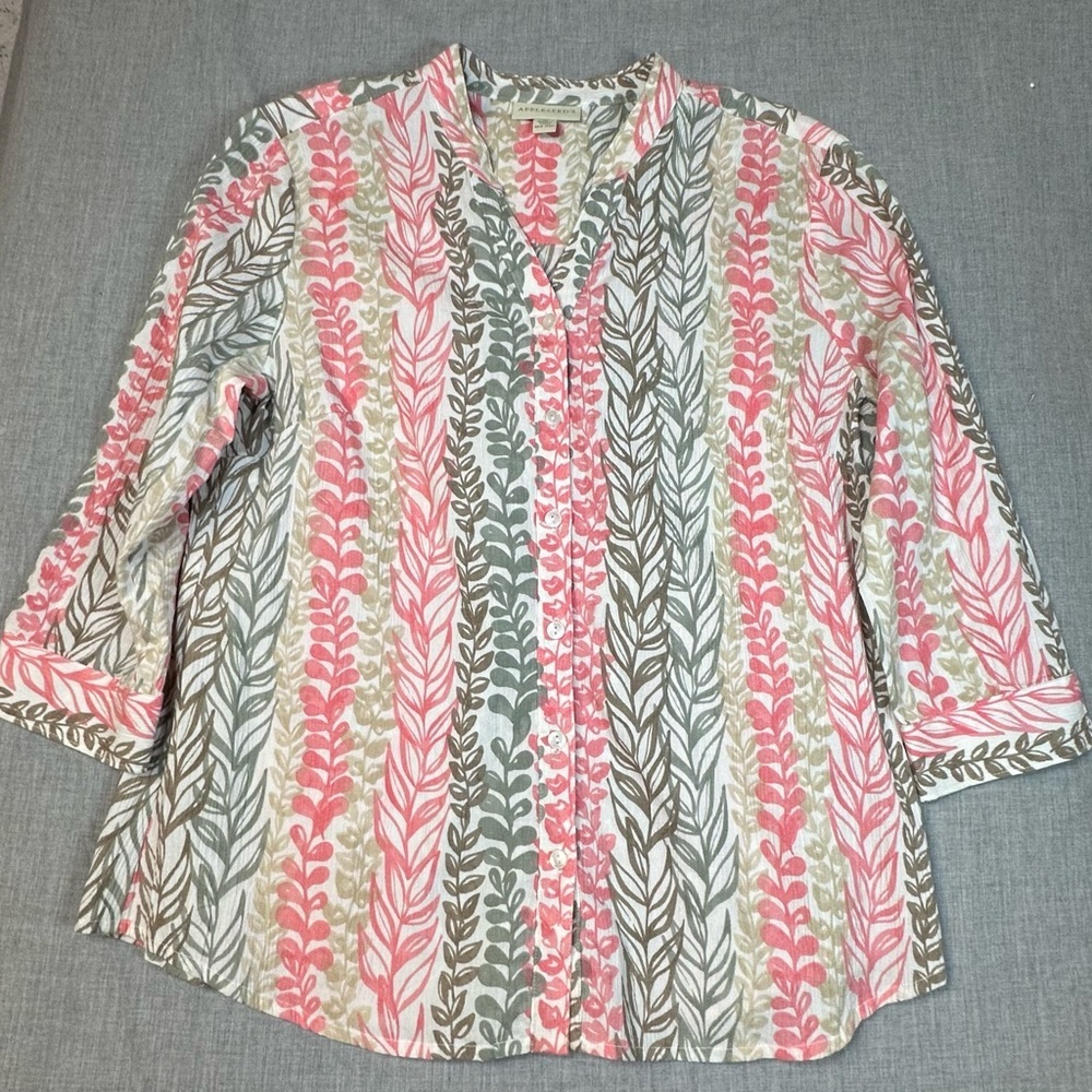 Appleseed's PK of 2 Pink Cream Striped/Floral Vine Patterned Button up Shirts - Picture 6 of 13